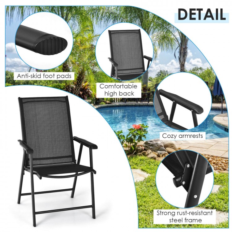 Black outdoor patio folding chair with ergonomic armrests, strong steel frame, and anti-skid foot pads for stability.